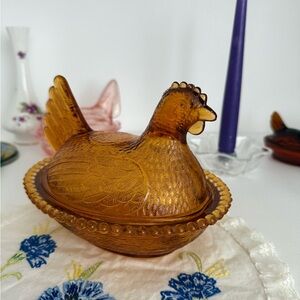 Vintage Amber Glass Hen Container Indiana Glass